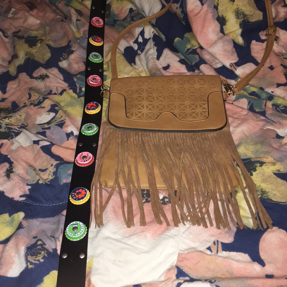 Old fashion bottle cap belt, brown fringe purse!